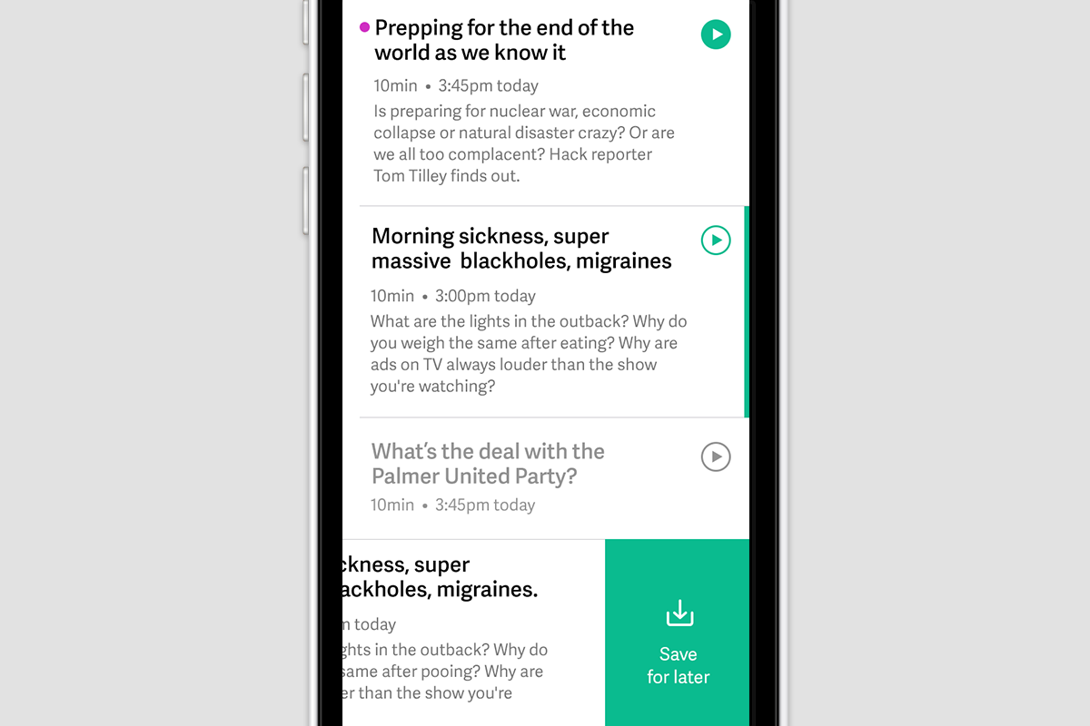 Smartphone screen displaying a list of podcast episodes
