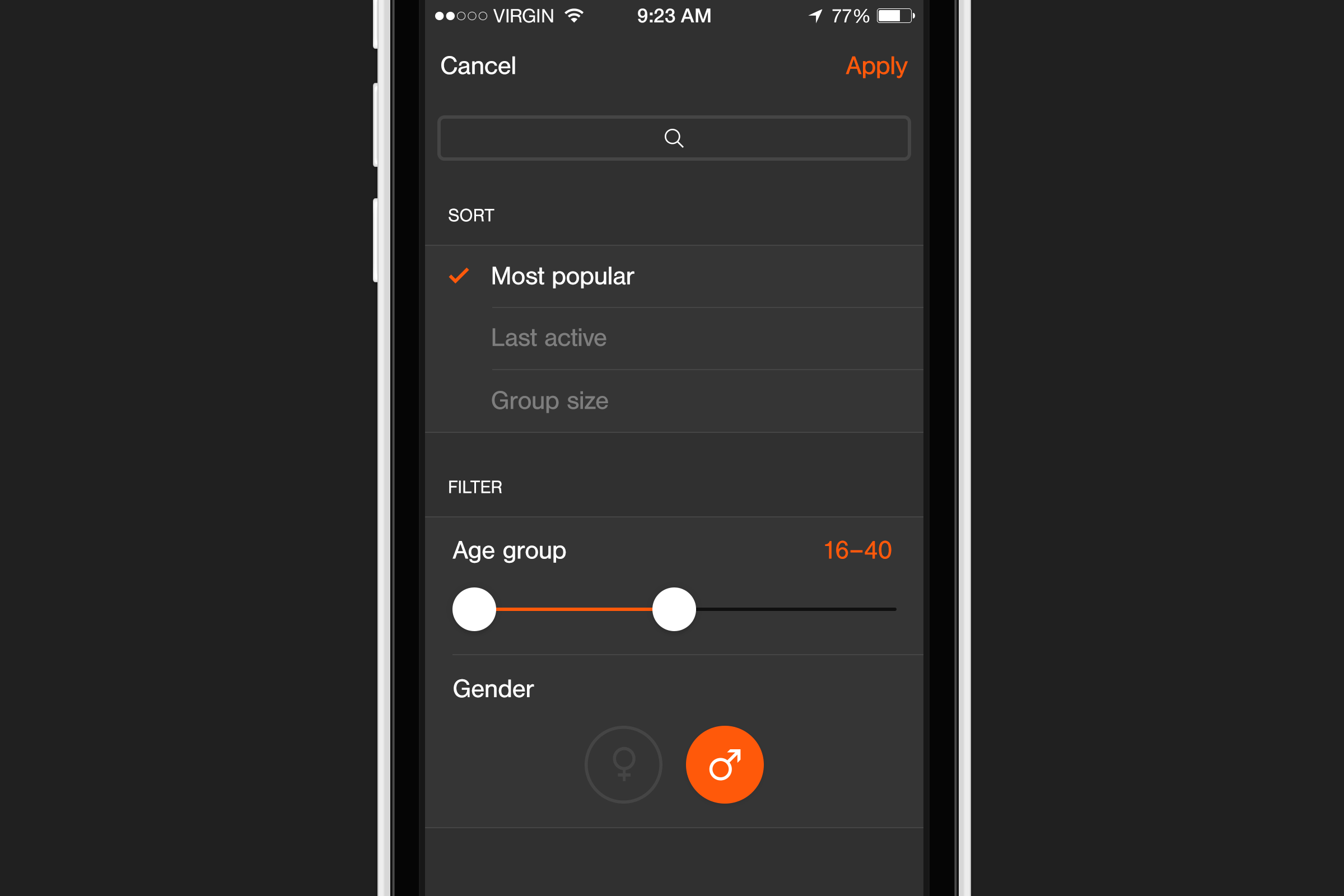 Dark-themed mobile UI for sorting and filtering by age group and gender