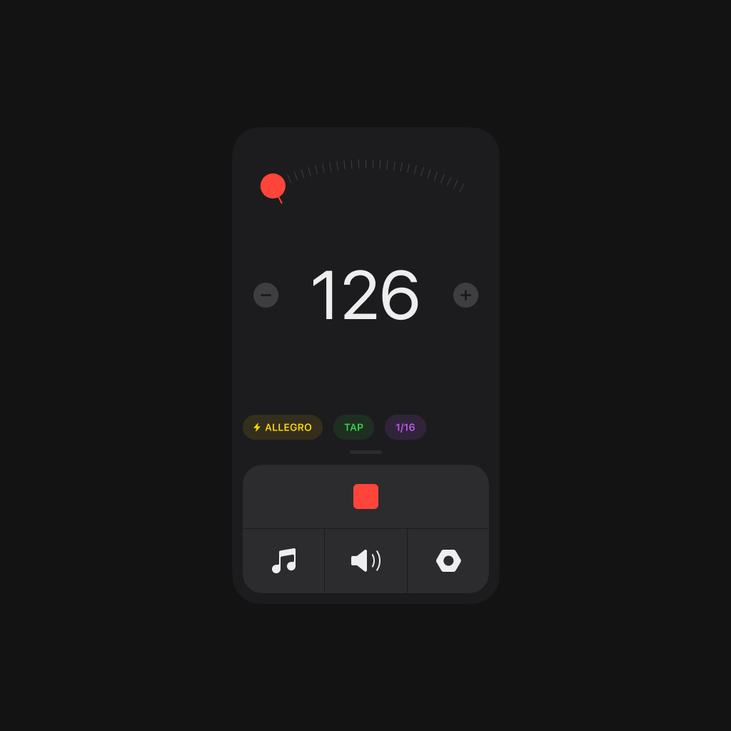 A metronome app showing a tempo of 126 beats per minute. Below are buttons for Allegro, Tap, and 1/16 time signatures, along with various settings icons.