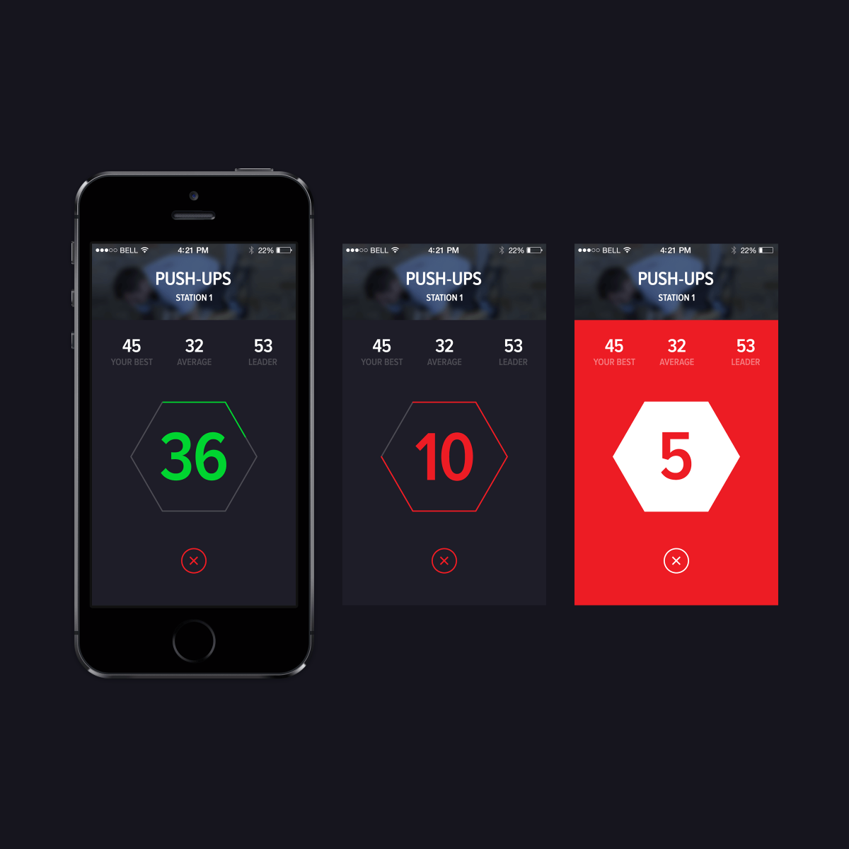 Three smartphone screens displaying different states of a fitness countdown timer