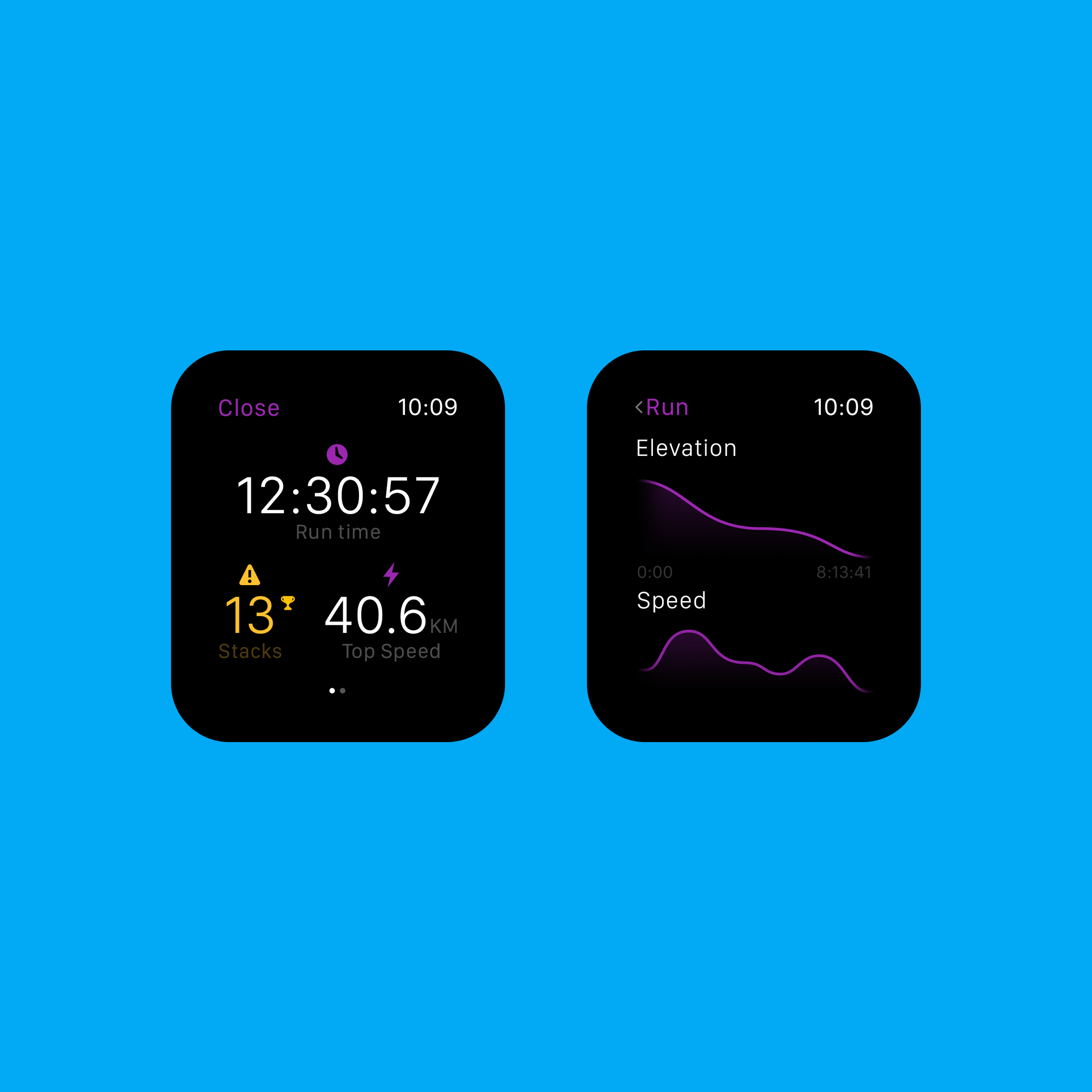Two dark smartwatch interfaces displaying run time, speed, and elevation graphs on a bright blue background