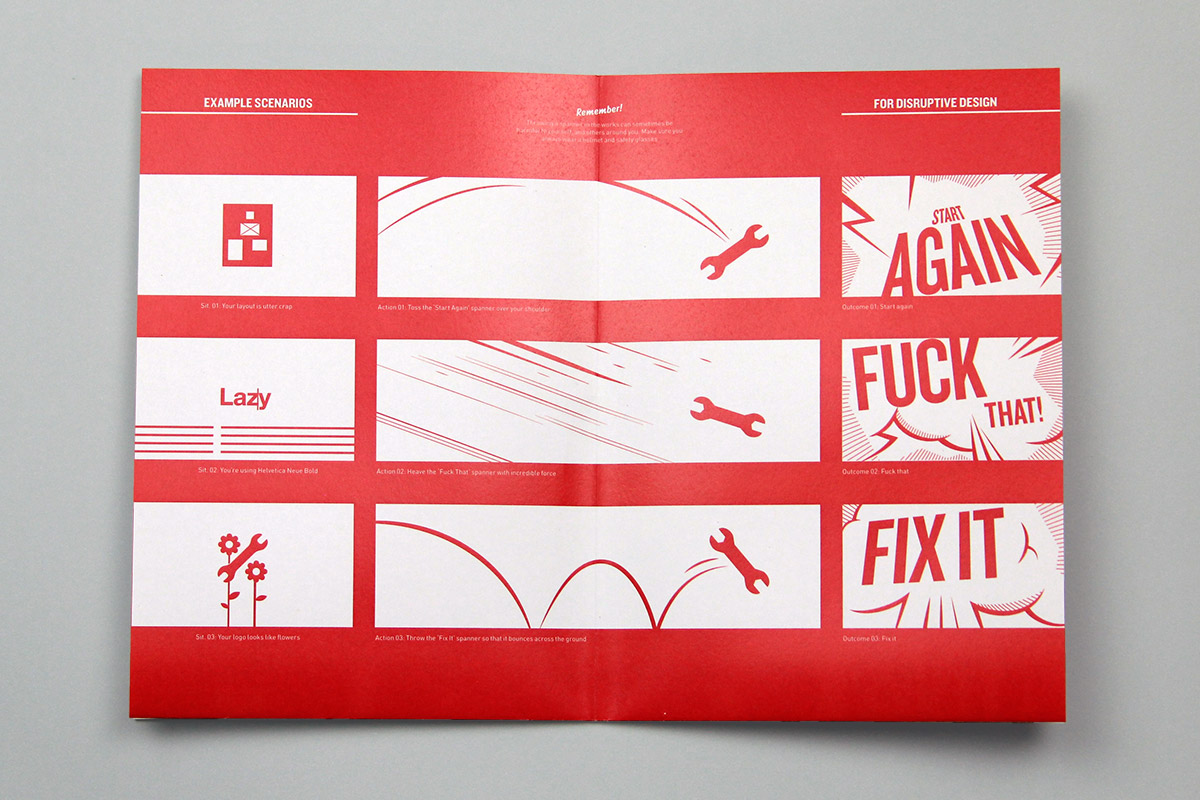 Open booklet with a red and white color scheme that has illustrations and descriptions of disruptive design thinking examples.