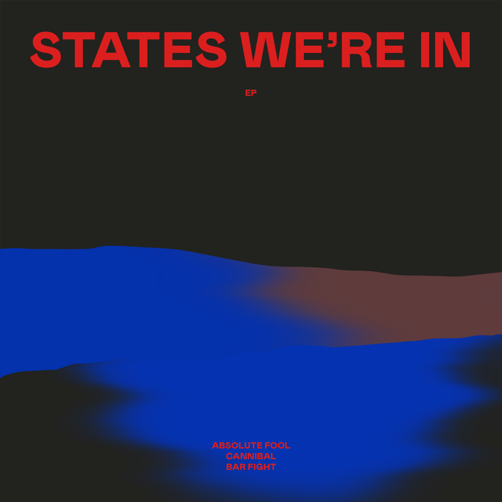 Album cover with the title 'States we're in' in red text on a black background, featuring a wavy blue and brown gradient below.